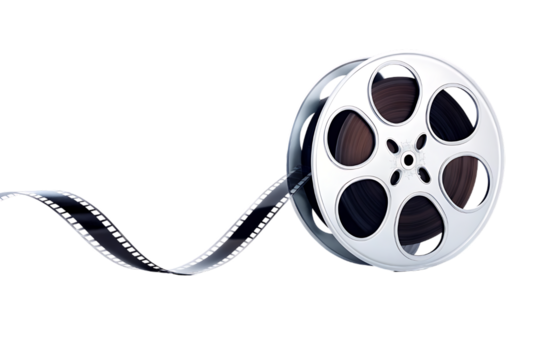 Classic silver film reel with black and white celluloid tape unwinding against a stark black background