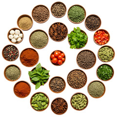 Flat Lay Of Various Spices And Herbs In Wooden Bowls Isolated