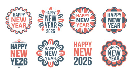 Obraz premium Eight Unique Happy New Year Stickers, Year 2026, in Fun Circular Designs on White