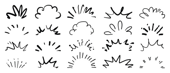 Comic doodle effect elements vector set with hand drawn explosions, clouds, lightning, motion lines, exclamation marks and expressive sketch icons. Perfect design for backgrounds, packaging and creati