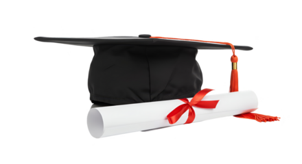 Isolated Graduation Cap Tassel and Diploma Scroll Red Ribbon