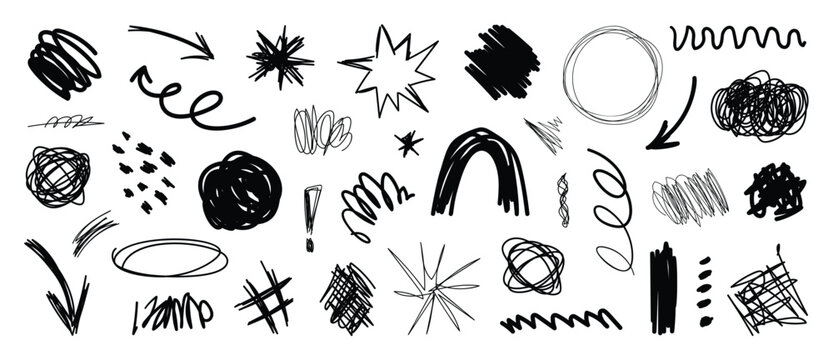 Scribble doodle elements vector set with hand drawn marker strokes, circles, arrows, bursts, swirls and expressive sketch icons. Bold design for backgrounds, packaging and creative illustrations.