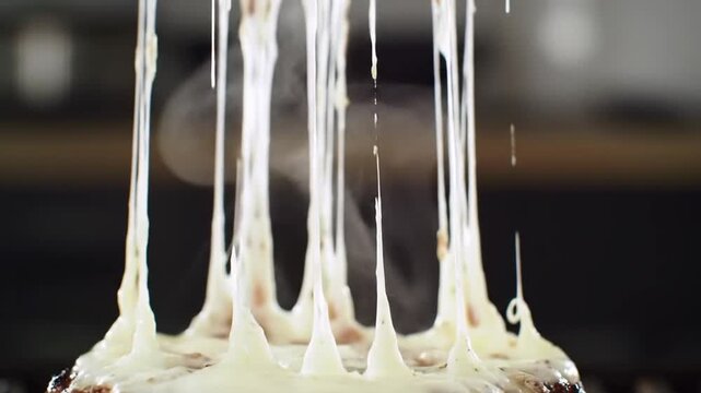 Stretching cheese strands dripping from a cooked patty