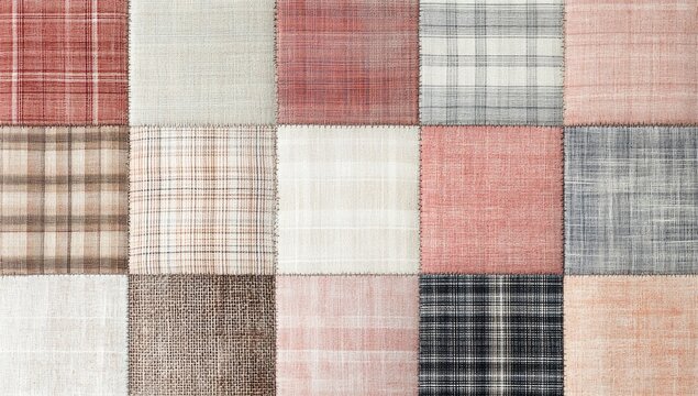 Fabric patchwork in neutral hues, textures, squares