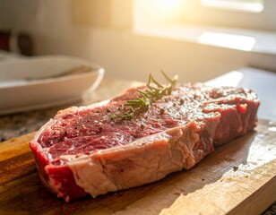 Obraz premium Raw Ribeye Steak with Rosemary and Spices on a Cutting Board