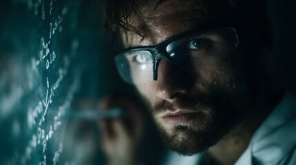 Intense scientist in glasses writing complex formulas on a dark reflective surface