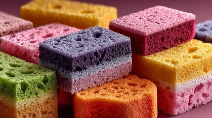Vibrant collection of colorful kitchen sponges neatly stacked, perfect for showcasing cleaning product effectiveness and home organization