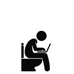 Minimalist black and white icon illustration of person using laptop on toilet scalable vector graphic vector