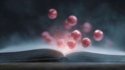 An open book emits magical light with red spheres and particles floating in mystical smoke