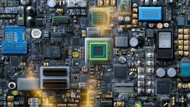 Close-up of a dense computer circuit board filled with chips, processors, capacitors, and connectors.