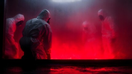 Four figures in hazmat suits within a red lit decontamination chamber creating a tense hazardous atmosphere