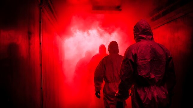 Hazmat team navigates a smoky decontamination corridor under red alert lighting