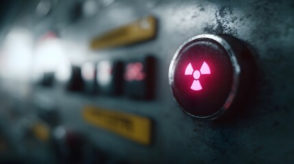 A glowing radioactive warning symbol illuminates a button on an industrial control panel signaling danger