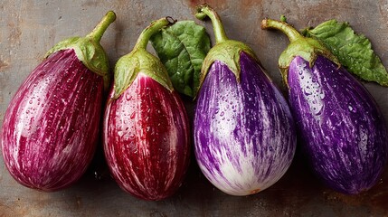 Four vibrant, fresh eggplants glistening with water droplets, showcasing their deep purple and striped skins, perfect for culinary inspiration.