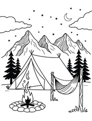 Scalable vector line art illustration of a nighttime mountain campsite with tent and campfire vector
