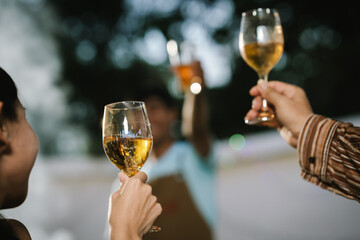 Friends clinking glasses of red and white wine in a cheerful toast, smiling and celebrating together in a joyful outdoor gathering.