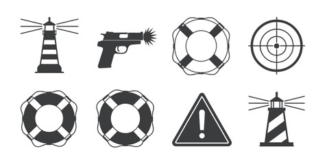 Set of eight minimalist vector icons including lighthouses lifebuoys gun target and warning sign vector