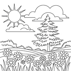 Vector scalable black and white line art illustration of a sunny meadow with a tree and flowers vector