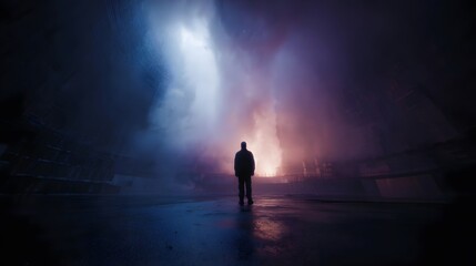 Fototapeta premium A lone silhouette stands in a vast dark industrial chamber gazing at an intensely glowing mystical light source in the distance