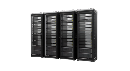 Modern server racks filled with technology equipment in a dark data center environment with a black background