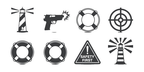 Vector graphics collection featuring lighthouses lifebuoys gun target and safety sign icons vector