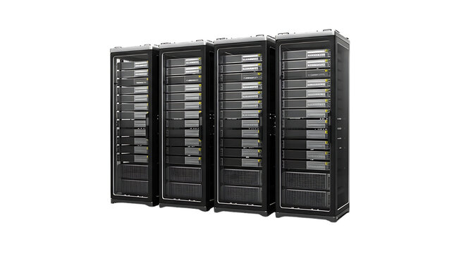 Modern server racks filled with technology equipment in a dark data center environment with a black background