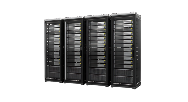 Modern server racks filled with technology equipment in a dark data center environment with a black background