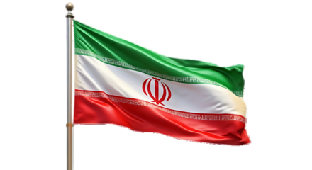 The national flag of iran a tricolor of green white and red stripes proudly waving on a flagpole against a dark background