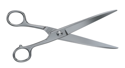 Sharp metal barber scissors with silver handles open against a deep black background for cutting hair
