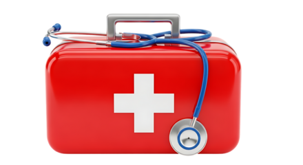 Bright red medical first aid kit with a stethoscope draped over it symbolizing emergency healthcare and medical assistance