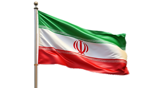 The national flag of iran a tricolor of green white and red stripes proudly waving on a flagpole against a dark background