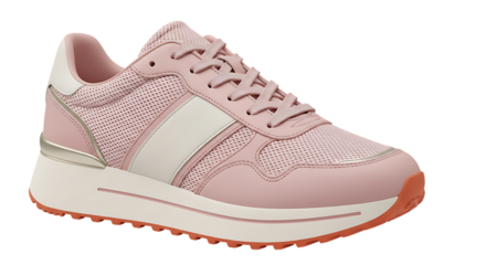Stylish pink chunky sole sneaker with white stripe detail and textured upper on a black background