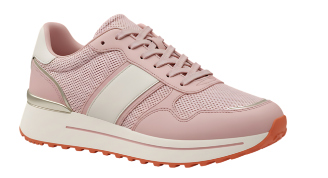 Stylish pink chunky sole sneaker with white stripe detail and textured upper on a black background
