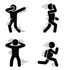 Set of four black stick figure icons illustrating actions and movement in vector format vector