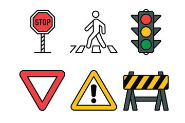 Set of six simple line art traffic and road signs vector illustration scalable eps vector