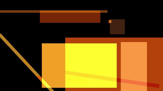 Abstract composition with overlapping rectangles and lines in warm colors against black