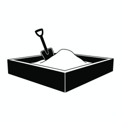 Simple black and white silhouette illustration of sandbox with shovel vector graphic vector