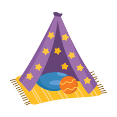 Whimsical cartoon illustration of a purple starry tent with colorful play mat and toys vector