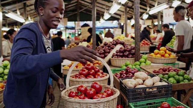 A vibrant market scene captured at eye level, showcasing a smiling vendor handing tomatoes to a customer. Perfect for a lively market video concept. - Powered by Adobe