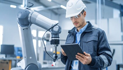 Robotic engineer inspects an automation robot arm using a tablet, symbolizing robotics service, programming, and smart factory innovation