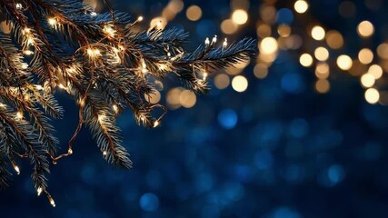 Pine branch with warm string lights and blurred golden bokeh against a blue night background. - Powered by Adobe