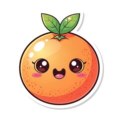 Cute Kawaii Orange Fruit with Smiling Face and Green Leaves.