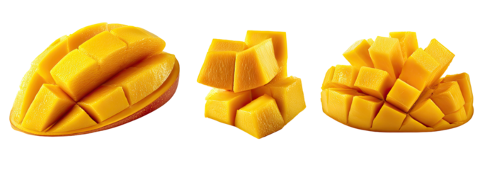 Three segments of diced mango
