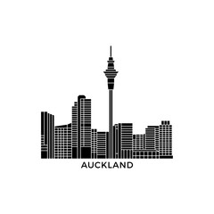 Auckland skyline, horizon logo. Panorama of New Zealand city icon with landmarks, skyscrapers, tower, downtown. Isolated black graphic, vector clipart