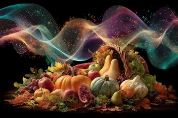 Nature's bounty: a thanksgiving arrangement. Digital signals. Thanksgiving mood with pumpkins and fresh produce against light background. Network connectivity. Social networking.