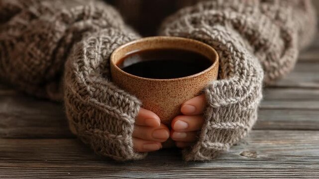 Cozy knitted mittens cradle a ceramic mug of hot coffee on a wooden table.