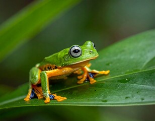 Fototapeta premium Small green frog on leaf