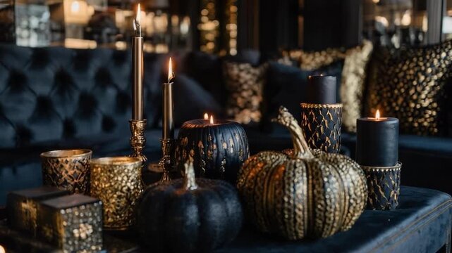 Elegant autumn table decor featuring blue-black patterned pumpkins, lit candles, and ornate gold accents.