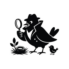Detective bird with magnifying glass investigating a nest