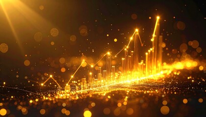 Futuristic financial data visualization featuring a glowing gold line graph indicating economic growth, market success, and stock exchange trends